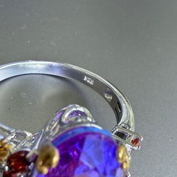 Rhodolite Garnet Silver Ring Gold Plated Accents Size 11 Oval Cut Elegant Design - Picture 6 of 8